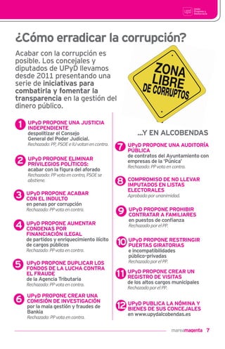 7
Acabar con la corrupción es
posible. Los concejales y
diputados de UPyD llevamos
desde 2011 presentando una
serie de iniciativas para
combatirla y fomentar la
transparencia en la gestión del
dinero público.
1 UPyD PROPONE UNA JUSTICIA
INDEPENDIENTE
despolitizar el Consejo
General del Poder Judicial.
Rechazado:PP,PSOEeIUvotanencontra.
2 UPyD PROPONE ELIMINAR
PRIVILEGIOS POLÍTICOS:
acabar con la ﬁgura del aforado
Rechazado:PPvotaencontra,PSOEse
abs!ene.
3 UPyD PROPONE ACABAR
CON EL INDULTO
en penas por corrupción
Rechazado:PPvotaencontra.
4 UPyD PROPONE AUMENTAR
CONDENAS POR
FINANCIACIÓN ILEGAL
de partidos y enriquecimiento ilícito
de cargos públicos
Rechazado:PPvotaencontra.
5 UPyD PROPONE DUPLICAR LOS
FONDOS DE LA LUCHA CONTRA
EL FRAUDE
de la Agencia Tributaria
Rechazado:PPvotaencontra.
6
UPyD PROPONE CREAR UNA
COMISIÓN DE INVESTIGACIÓN
por la mala gestión y fraudes de
Bankia
Rechazado:PPvotaencontra.
7 UPyD PROPONE UNA AUDITORÍA
PÚBLICA
de contratos del Ayuntamiento con
empresas de la ‘Púnica’
Rechazado:PPvotaencontra.
8 COMPROMISO DE NO LLEVAR
IMPUTADOS EN LISTAS
ELECTORALES
Aprobadoporunanimidad.
9 UPyD PROPONE PROHIBIR
CONTRATAR A FAMILIARES
en puestos de conﬁanza
RechazadoporelPP.
10 UPyD PROPONE RESTRINGIR
PUERTAS GIRATORIAS
e incompatibilidades
público-privadas
RechazadoporelPP.
11 UPyD PROPONE CREAR UN
REGISTRO DE VISITAS
de los altos cargos municipales
RechazadoporelPP.
12 UPyD PUBLICA LA NÓMINA Y
BIENES DE SUS CONCEJALES
en www.upydalcobendas.es
¿Cómo erradicar la corrupción?
...Y EN ALCOBENDAS
 