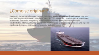 ¿Cómo se originan?
Hay varias formas de originarse. Las más conocidas son los accidentes de petroleros, que son
enormes buques capaces de transportar hasta 500000 toneladas. La utilización de modelos en
mal estado, una mano inexperta y la utilización de buques mono casco aumentan las
posibilidades. Además, al surcar siempre las mismas zona, se provocan puntos con una especial
incidencia de mareas negras, como las costas gallegas.
 