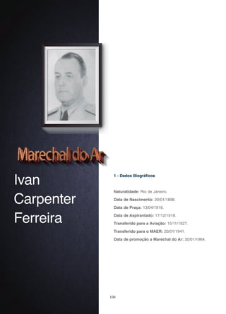 100
Ivan
Carpenter
Ferreira
1 - Dados Biográficos
Naturalidade: Rio de Janeiro.
Data de Nascimento: 20/01/1898.
Data de Praça: 13/04/1916.
Data de Aspirantado: 17/12/1918.
Transferido para a Aviação: 15/11/1927.
Transferido para o MAER: 20/01/1941.
Data de promoção a Marechal do Ar: 30/01/1964.
 