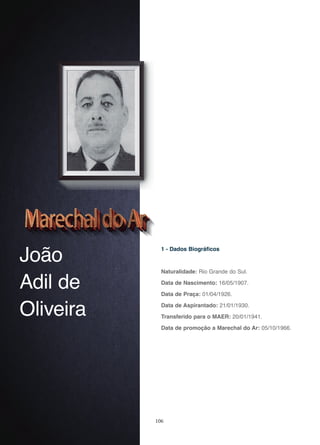 106
João
Adil de
Oliveira
1 - Dados Biográficos
Naturalidade: Rio Grande do Sul.
Data de Nascimento: 16/05/1907.
Data de Praça: 01/04/1926.
Data de Aspirantado: 21/01/1930.
Transferido para o MAER: 20/01/1941.
Data de promoção a Marechal do Ar: 05/10/1966.
 