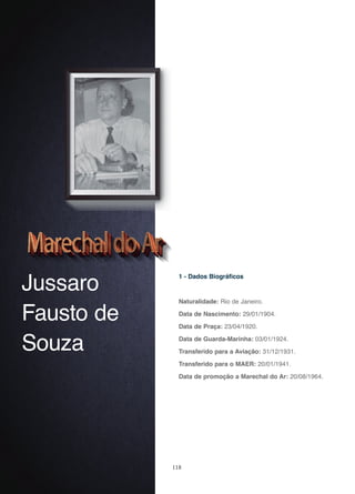 118
Jussaro
Fausto de
Souza
1 - Dados Biográficos
Naturalidade: Rio de Janeiro.
Data de Nascimento: 29/01/1904.
Data de Praça: 23/04/1920.
Data de Guarda-Marinha: 03/01/1924.
Transferido para a Aviação: 31/12/1931.
Transferido para o MAER: 20/01/1941.
Data de promoção a Marechal do Ar: 20/08/1964.
 