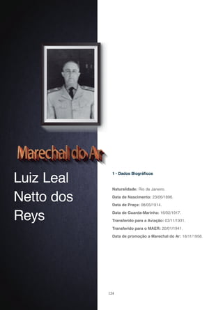 124
Luiz Leal
Netto dos
Reys
1 - Dados Biográficos
Naturalidade: Rio de Janeiro.
Data de Nascimento: 23/06/1896.
Data de Praça: 08/05/1914.
Data de Guarda-Marinha: 16/02/1917.
Transferido para a Aviação: 03/11/1931.
Transferido para o MAER: 20/01/1941.
Data de promoção a Marechal do Ar: 18/11/1958.
 