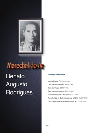136
Renato
Augusto
Rodrigues
1 - Dados Biográficos
Naturalidade: Rio de Janeiro.
Data de Nascimento: 19/05/1909.
Data de Praça: 28/03/1928.
Data de Aspirantado: 25/01/1932.
Transferido para a Aviação: 03/11/1931.
Transferido do Exército para o MAER: 20/01/1941.
Data de promoção a Marechal do Ar: 12/09/1966.
 