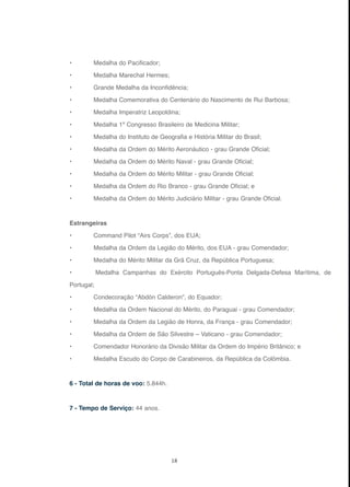 18
• Medalha do Pacificador;
• Medalha Marechal Hermes;
• Grande Medalha da Inconfidência;
• Medalha Comemorativa do Centenário do Nascimento de Rui Barbosa;
• Medalha Imperatriz Leopoldina;
• Medalha 1º Congresso Brasileiro de Medicina Militar;
• Medalha do Instituto de Geografia e História Militar do Brasil;
• Medalha da Ordem do Mérito Aeronáutico - grau Grande Oficial;
• Medalha da Ordem do Mérito Naval - grau Grande Oficial;
• Medalha da Ordem do Mérito Militar - grau Grande Oficial;
• Medalha da Ordem do Rio Branco - grau Grande Oficial; e
• Medalha da Ordem do Mérito Judiciário Militar - grau Grande Oficial.
Estrangeiras
• Command Pilot “Airs Corps”, dos EUA;
• Medalha da Ordem da Legião do Mérito, dos EUA - grau Comendador;
• Medalha do Mérito Militar da Grã Cruz, da República Portuguesa;
• Medalha Campanhas do Exército Português-Ponta Delgada-Defesa Marítima, de
Portugal;
• Condecoração “Abdón Calderon”, do Equador;
• Medalha da Ordem Nacional do Mérito, do Paraguai - grau Comendador;
• Medalha da Ordem da Legião de Honra, da França - grau Comendador;
• Medalha da Ordem de São Silvestre – Vaticano - grau Comendador;
• Comendador Honorário da Divisão Militar da Ordem do Império Britânico; e
• Medalha Escudo do Corpo de Carabineiros, da República da Colômbia.
6 - Total de horas de voo: 5.844h.
7 - Tempo de Serviço: 44 anos.
 