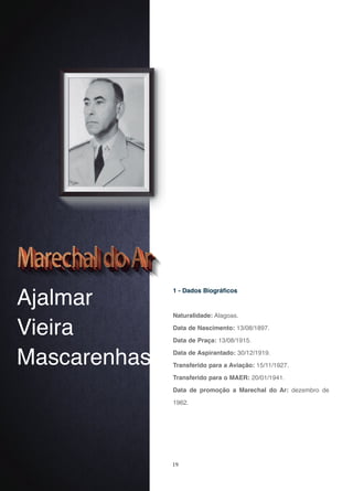 19
Ajalmar
Vieira
Mascarenhas
1 - Dados Biográficos
Naturalidade: Alagoas.
Data de Nascimento: 13/08/1897.
Data de Praça: 13/08/1915.
Data de Aspirantado: 30/12/1919.
Transferido para a Aviação: 15/11/1927.
Transferido para o MAER: 20/01/1941.
Data de promoção a Marechal do Ar: dezembro de
1962.
 