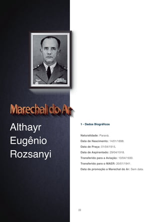 22
Althayr
Eugênio
Rozsanyi
1 - Dados Biográficos
Naturalidade: Paraná.
Data de Nascimento: 14/01/1898.
Data de Praça: 01/04/1915.
Data de Aspirantado: 29/04/1918.
Transferido para a Aviação: 10/04/1930.
Transferido para o MAER: 20/01/1941.
Data de promoção a Marechal do Ar: Sem data.
 