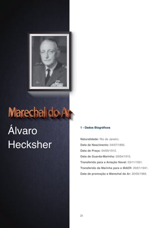 25
Álvaro
Hecksher
1 - Dados Biográficos
Naturalidade: Rio de Janeiro.
Data de Nascimento: 04/07/1895.
Data de Praça: 04/05/1912.
Data de Guarda-Marinha: 03/04/1915.
Transferido para a Aviação Naval: 03/11/1931.
Transferido da Marinha para o MAER: 20/01/1941.
Data de promoção a Marechal do Ar: 20/05/1965.
 