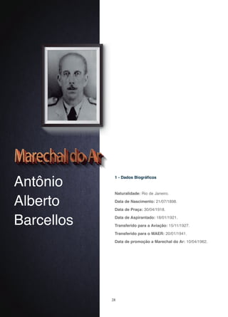 28
Antônio
Alberto
Barcellos
1 - Dados Biográficos
Naturalidade: Rio de Janeiro.
Data de Nascimento: 21/07/1898.
Data de Praça: 30/04/1918.
Data de Aspirantado: 18/01/1921.
Transferido para a Aviação: 15/11/1927.
Transferido para o MAER: 20/01/1941.
Data de promoção a Marechal do Ar: 10/04/1962.
 