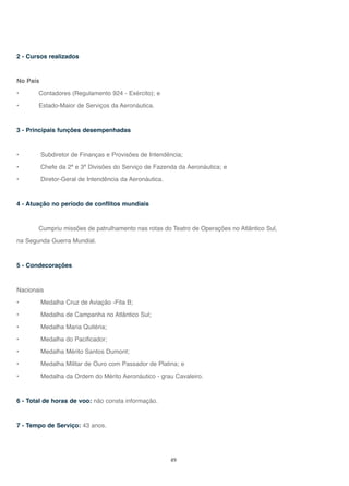 49
2 - Cursos realizados
No País
• Contadores (Regulamento 924 - Exército); e
• Estado-Maior de Serviços da Aeronáutica.
3 - Principais funções desempenhadas
• Subdiretor de Finanças e Provisões de Intendência;
• Chefe da 2ª e 3ª Divisões do Serviço de Fazenda da Aeronáutica; e
• Diretor-Geral de Intendência da Aeronáutica.
4 - Atuação no período de conflitos mundiais
Cumpriu missões de patrulhamento nas rotas do Teatro de Operações no Atlântico Sul,
na Segunda Guerra Mundial.
5 - Condecorações
Nacionais
• Medalha Cruz de Aviação -Fita B;
• Medalha de Campanha no Atlântico Sul;
• Medalha Maria Quitéria;
• Medalha do Pacificador;
• Medalha Mérito Santos Dumont;
• Medalha Militar de Ouro com Passador de Platina; e
• Medalha da Ordem do Mérito Aeronáutico - grau Cavaleiro.
6 - Total de horas de voo: não consta informação.
7 - Tempo de Serviço: 43 anos.
 