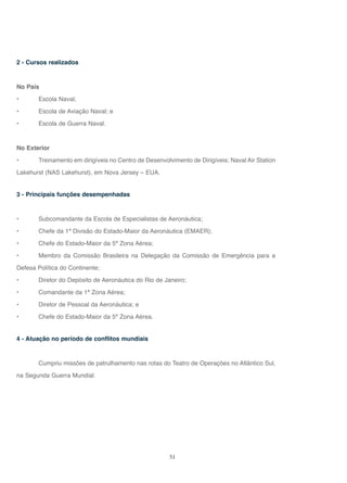 51
2 - Cursos realizados
No País
• Escola Naval;
• Escola de Aviação Naval; e
• Escola de Guerra Naval.
No Exterior
• Treinamento em dirigíveis no Centro de Desenvolvimento de Dirigíveis: Naval Air Station
Lakehurst (NAS Lakehurst), em Nova Jersey – EUA.
3 - Principais funções desempenhadas
• Subcomandante da Escola de Especialistas de Aeronáutica;
• Chefe da 1ª Divisão do Estado-Maior da Aeronáutica (EMAER);
• Chefe do Estado-Maior da 5ª Zona Aérea;
• Membro da Comissão Brasileira na Delegação da Comissão de Emergência para a
Defesa Política do Continente;
• Diretor do Depósito de Aeronáutica do Rio de Janeiro;
• Comandante da 1ª Zona Aérea;
• Diretor de Pessoal da Aeronáutica; e
• Chefe do Estado-Maior da 5ª Zona Aérea.
4 - Atuação no período de conflitos mundiais
Cumpriu missões de patrulhamento nas rotas do Teatro de Operações no Atlântico Sul,
na Segunda Guerra Mundial.
 