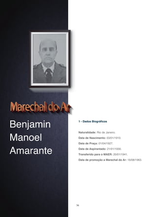 56
Benjamin
Manoel
Amarante
1 - Dados Biográficos
Naturalidade: Rio de Janeiro.
Data de Nascimento: 03/01/1910.
Data de Praça: 01/04/1927.
Data de Aspirantado: 21/01/1930.
Transferido para o MAER: 20/01/1941.
Data de promoção a Marechal do Ar: 16/08/1963.
 
