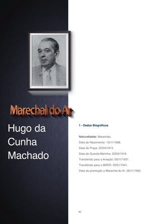 91
Hugo da
Cunha
Machado
1 - Dados Biográficos
Naturalidade: Maranhão.
Data de Nascimento: 13/11/1898.
Data de Praça: 22/04/1913.
Data de Guarda-Marinha: 20/03/1916.
Transferido para a Aviação: 03/11/1931.
Transferido para o MAER: 20/01/1941.
Data de promoção a Marechal do Ar: 26/11/1962.
 
