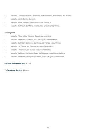 93
• Medalha Comemorativa do Centenário do Nascimento do Barão do Rio Branco;
• Medalha Mérito Santos Dumont;
• Medalha Militar de Ouro com Passador de Platina; e
• Medalha da Ordem do Mérito Aeronáutico - grau Grande Oficial.
Estrangeiras
• Medalha Piloto Militar “Honoris Causa”, da Argentina;
• Medalha da Ordem do Mérito, do Chile - grau Grande Oficial;
• Medalha da Ordem da Legião de Honra, da França - grau Oficial;
• Medalha - 1ª Classe, da Dinamarca - grau Comendador;
• Medalha - 1ª Classe, da Suécia - grau Comendador;
• Medalha da Ordem de Santo Olavo, da Noruega - grau Comendador; e
• Medalha da Ordem da Legião do Mérito, dos EUA- grau Comendador.
6 - Total de horas de voo: 1.179h.
7 - Tempo de Serviço: 49 anos.
 