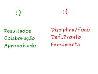    
:)
Resultados
Colaboração
Aprendizado
:(
Disciplina/foco
Def.Pronto
Ferramenta
 