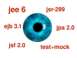   
jsf 2.0
ejb 3.1
jee 6
test+mock
jsr­299
jpa 2.0
 