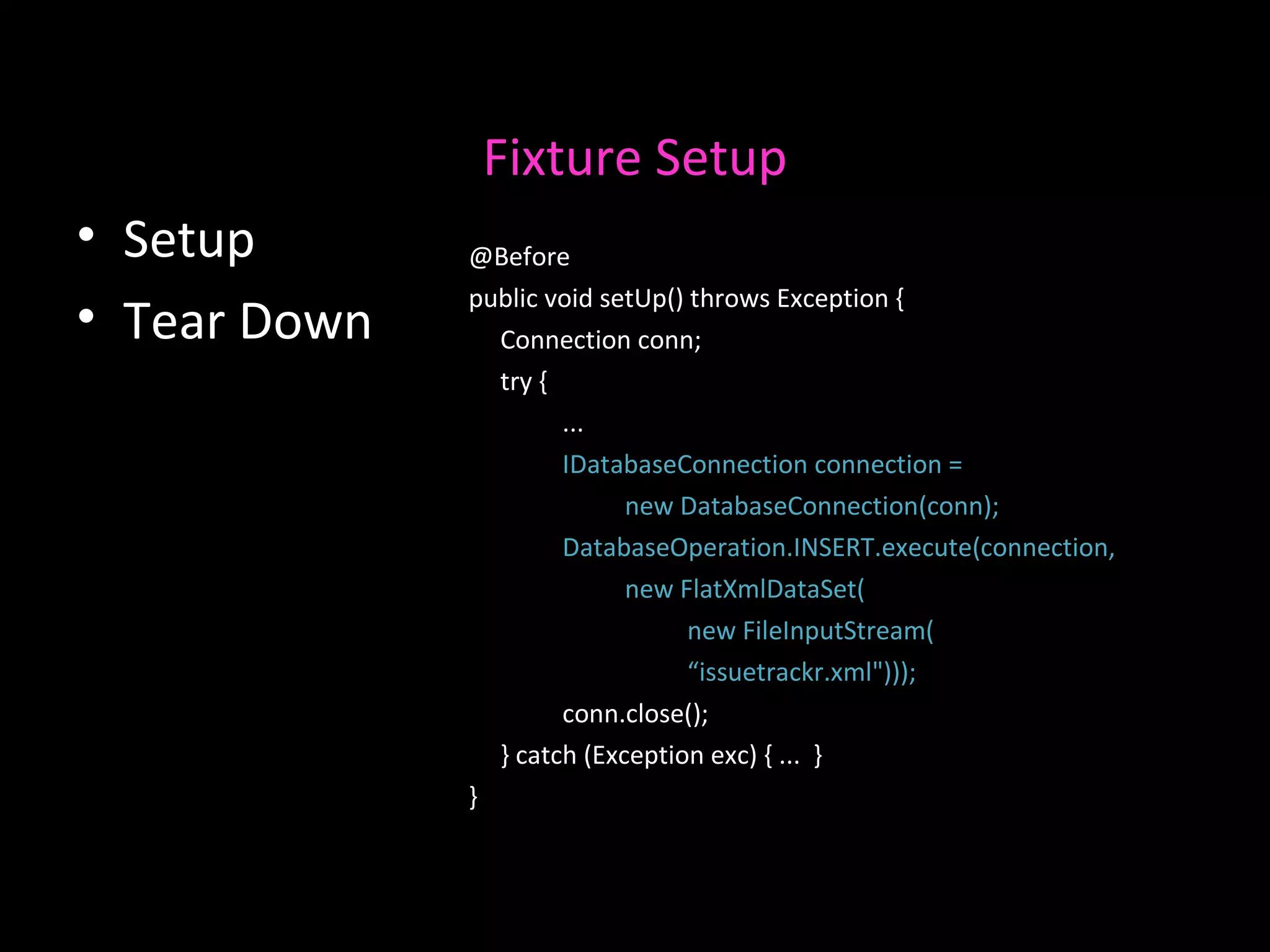 Fixture Setup Setup Tear Down @Before public void setUp() throws Exception { Connection conn; try { ... IDatabaseConnection connection = new DatabaseConnection(conn); DatabaseOperation.INSERT.execute(connection, new FlatXmlDataSet( new FileInputStream( “ issuetrackr.xml&quot;))); conn.close(); } catch (Exception exc) { ... } } 