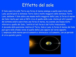 Effetto del sole
Il Sole esercita sulla Terra una forza di marea analoga a quella esercitata dalla
Luna; poiché però la distanza Terra-Sole è molto maggiore della distanza Terra-
Luna, sebbene il Sole abbia una massa molto maggiore della Luna, la forza di marea
del Sole risulta pari solo al 46% circa di quella della Luna. Anche gli altri pianeti
del sistema solare esercitano una forza di marea, ma avendo una massa molto
inferiore a quella del Sole, l'entità di tali forze è del tutto trascurabile.
A seconda della posizione relativa di Terra, Sole e Luna, la forza di marea del Sole
può agire nello stesso verso di quella della Luna oppure nel verso opposto.
L'ampiezza delle maree perciò aumenta e diminuisce ciclicamente, con un periodo
di circa quindici giorni.
 