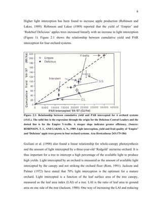 8
Higher light interception has been found to increase apple production (Robinson and
Lakso, 1989). Robinson and Lakso (1989) reported that the yield of ‘Empire’ and
‘Redchief Delicious’ apples trees increased linearly with an increase in light interception
(Figure 1). Figure 2.1 shows the relationship between cumulative yield and PAR
interception for four orchard systems.
Figure 2.1: Relationship between cumulative yield and PAR intercepted for 4 orchard systems
(±S.E.). The solid line is the regression through the origin for the Delicious Central Leaders and the
dotted line is for the Empire Y-trellis. A steeper slope indicates greater efficiency. (Source:
ROBINSON, T. L. AND LAKSO, A. N., 1989. Light interception, yield and fruit quality of ‘Empire’
and ‘Delicious’ apple trees grown in four orchard systems. Acta Horticulturae 243:175-184)
Guiliani et al. (1998) also found a linear relationship for whole-canopy photosynthesis
and the amount of light intercepted by a three-year-old ‘Redgold’ nectarine orchard. It is
thus important for a tree to intercept a high percentage of the available light to produce
high yields. Light intercepted by an orchard is measured as the amount of available light
intercepted by the canopy and not striking the orchard floor (Rom, 1991). Jackson and
Palmer (1972) have stated that 70% light interception is the optimum for a mature
orchard. Light intercepted is a function of the leaf surface area of the tree canopy,
measured as the leaf area index (LAI) of a tree. LAI is the ratio of leaf area to ground
area on one side of the tree (Jackson, 1980). One way of increasing the LAI and reducing
 