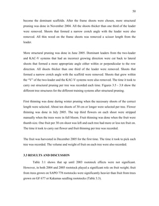 50
become the dominant scaffolds. After the frame shoots were chosen, more structural
pruning was done in November 2004. All the shoots thicker than one third of the leader
were removed. Shoots that formed a narrow crotch angle with the leader were also
removed. All thin wood on the frame shoots was removed a scissor length from the
leader.
More structural pruning was done in June 2005. Dominant leaders from the two-leader
and KAC-V systems that had an incorrect growing direction were cut back to lateral
shoots that formed a more appropriate angle either within or perpendicular to the row
direction. All shoots thicker than one third of the leader were removed. Shoots that
formed a narrow crotch angle with the scaffold were removed. Shoots that grew within
the “V” of the two-leader and the KAC-V systems were also removed. The time it took to
carry out structural pruning per tree was recorded each time. Figures 3.5 - 3.8 show the
different tree structures for the different training systems after structural pruning.
First thinning was done during winter pruning when the necessary shoots of the correct
length were selected. About ten shoots of 30 cm or longer were selected per tree. Flower
thinning was done in July 2005. The top third flowers on each shoot were stripped
manually when the trees were in full bloom. Fruit thinning was done when the fruit were
thumb-size. One fruit per 30 cm shoot was left and each tree had more or less ten fruit on.
The time it took to carry out flower and fruit thinning per tree was recorded.
The fruit was harvested in December 2005 for the first time. The time it took to pick each
tree was recorded. The volume and weight of fruit on each tree were also recorded.
3.3 RESULTS AND DISCUSSION
Table 3.1 shows that up until 2003 rootstock effects were not significant.
However, in both 2004 and 2005 rootstock played a significant role on fruit weight; fruit
from trees grown on SAPO 778 rootstocks were significantly heavier than fruit from trees
grown on GF 677 or Kakamas seedling rootstocks (Table 3.3).
 