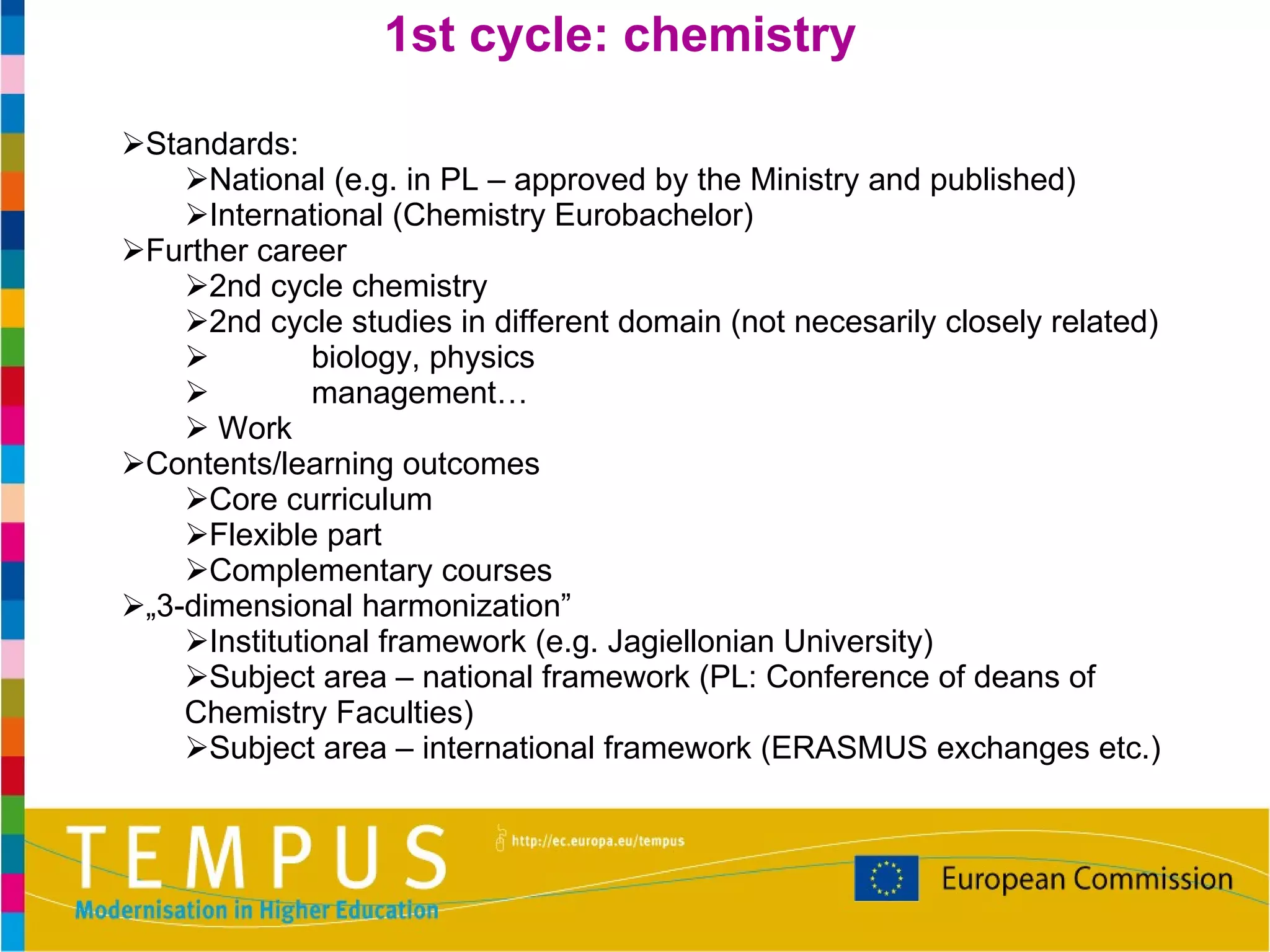 Standards: National (e.g. in PL – approved by the Ministry and published) International (Chemistry Eurobachelor) Further career 2nd cycle chemistry  2nd cycle studies in different domain (not necesarily closely related) biology, physics management…  Work Contents/learning outcomes Core curriculum Flexible part Complementary courses „ 3-dimensional harmonization” Institutional framework (e.g. Jagiellonian University) Subject area – national framework (PL: Conference of deans of Chemistry Faculties) Subject area – international framework (ERASMUS exchanges etc.) 1st cycle: chemistry 