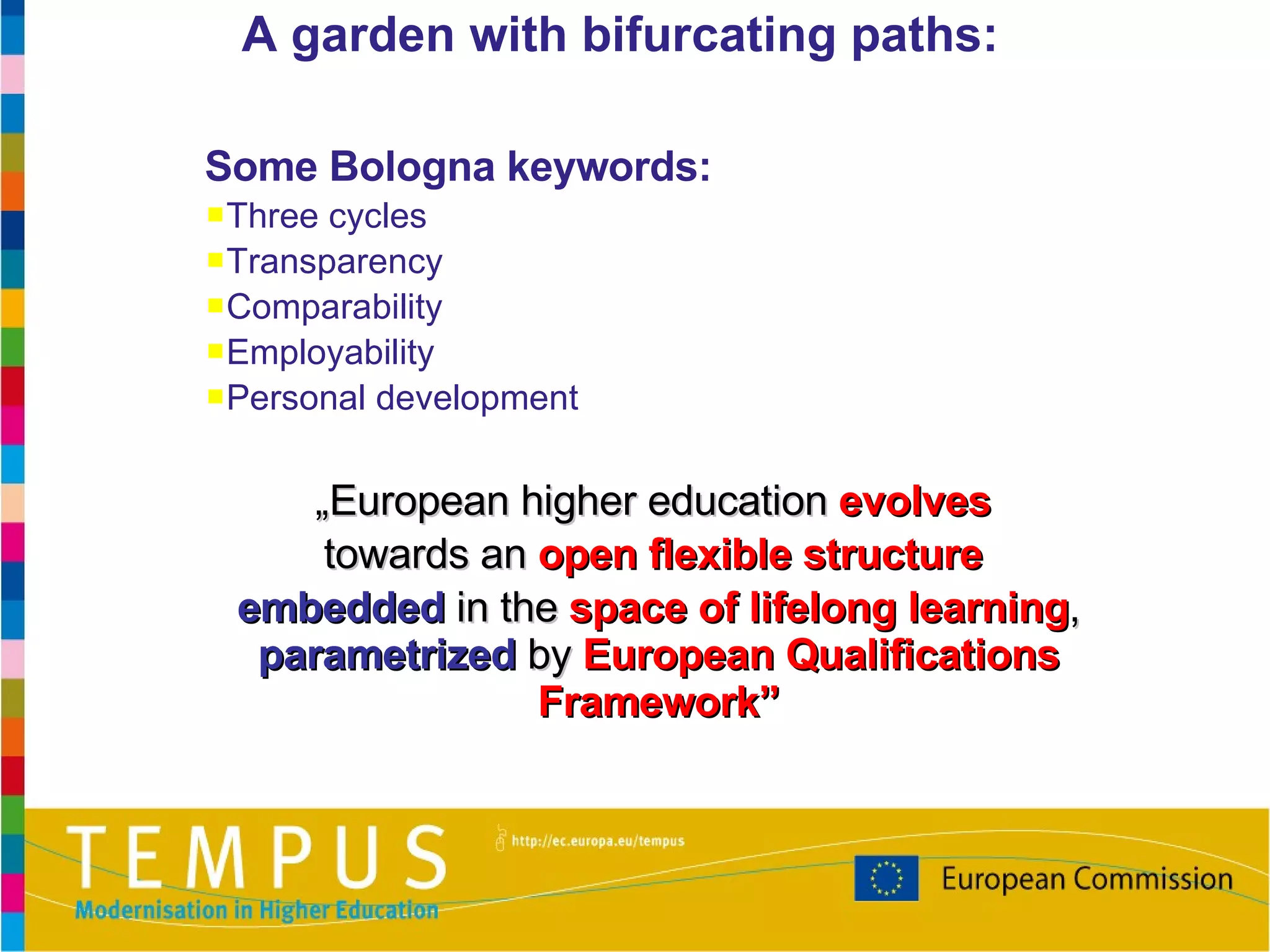 Some Bologna keywords:  Three cycles Transparency Comparability Employability Personal development „ European higher education  evolves   towards an  open flexible structure   embedded  in the  space of lifelong learning ,  parametrized  by  European Qualifications Framework” A garden with bifurcating paths: 