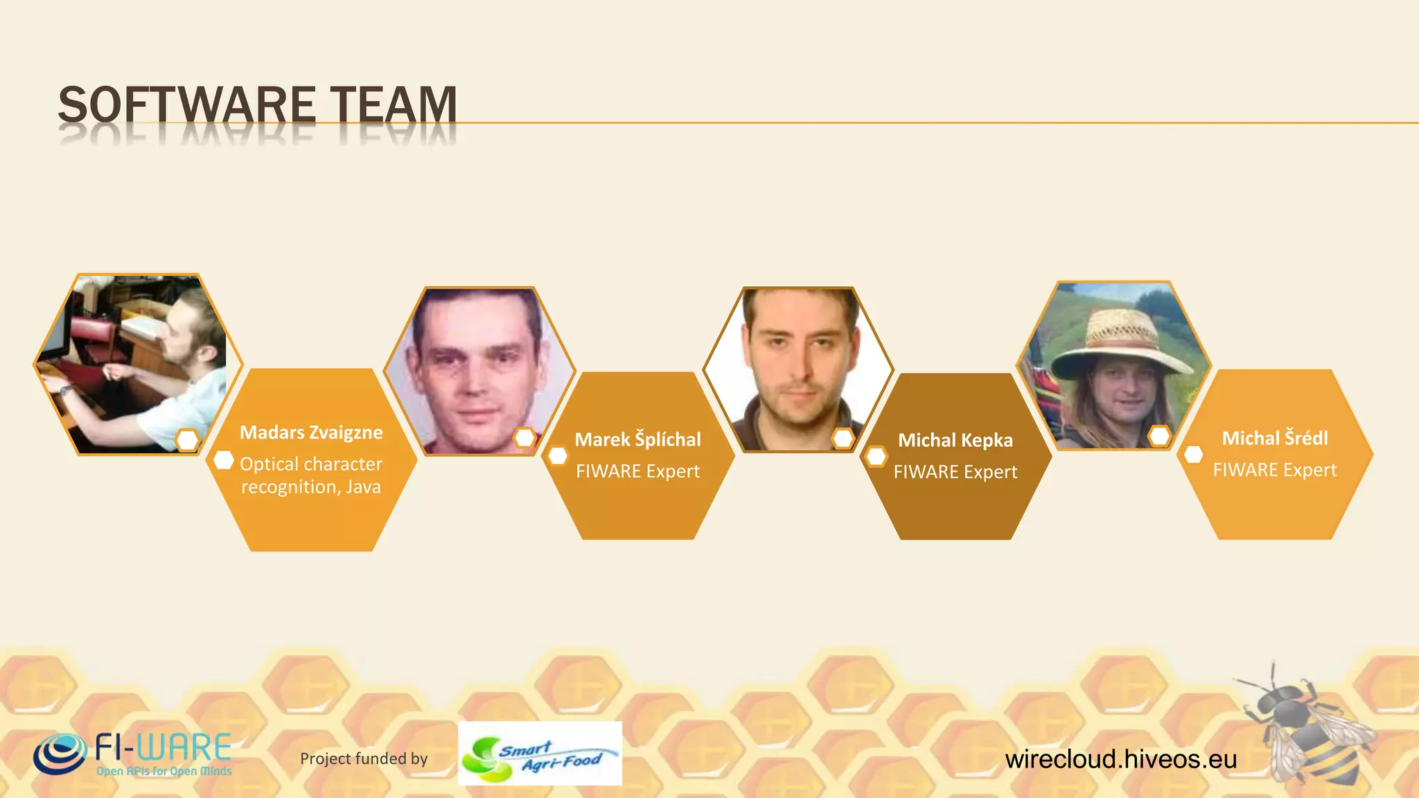 Project funded by wirecloud.hiveos.eu
SOFTWARE TEAM
Madars Zvaigzne
Optical character
recognition, Java
Marek Šplíchal
FIWARE Expert
Michal Kepka
FIWARE Expert
Michal Šrédl
FIWARE Expert
 