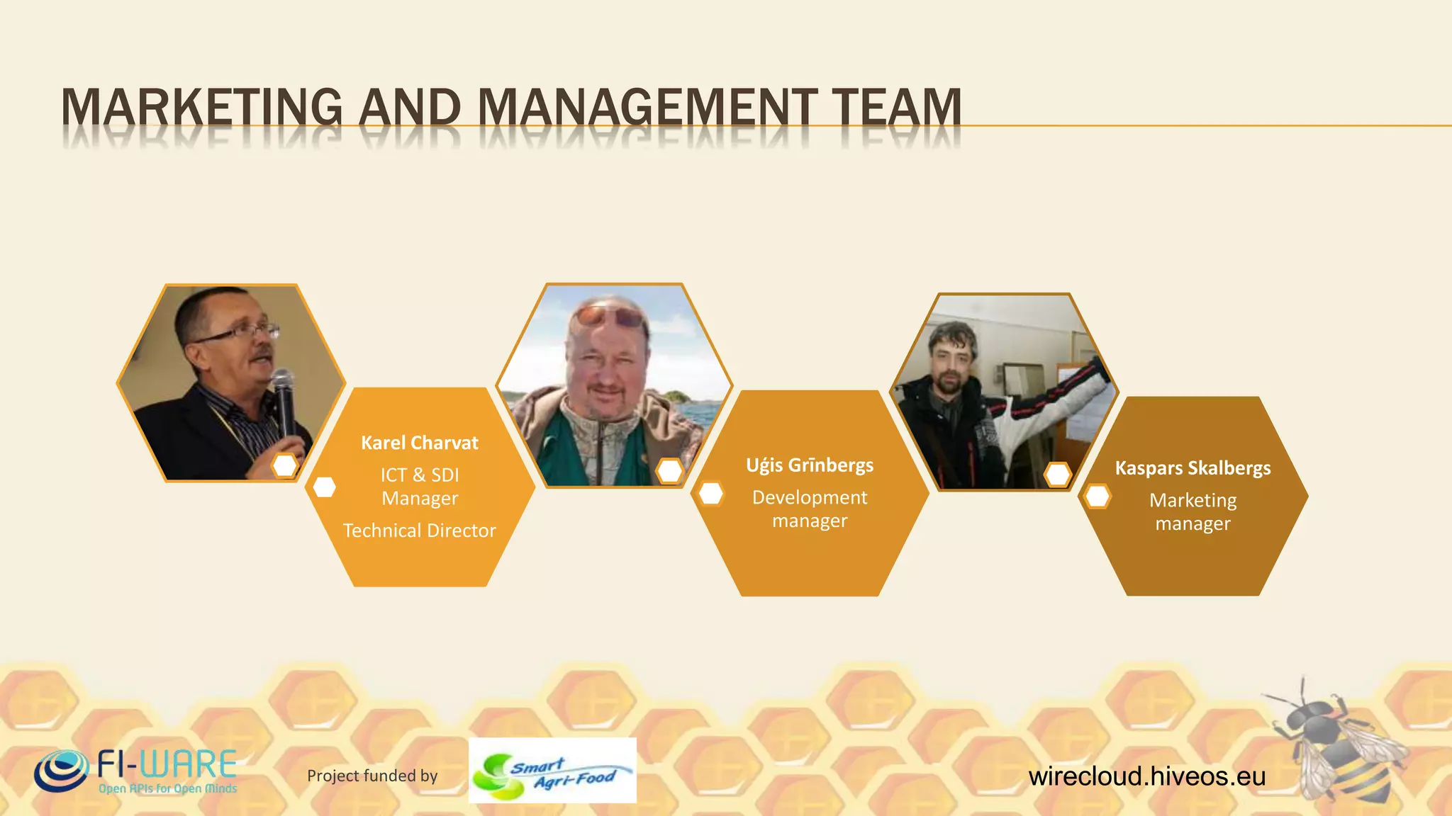 Project funded by wirecloud.hiveos.eu
MARKETING AND MANAGEMENT TEAM
Karel Charvat
ICT & SDI
Manager
Technical Director
Uģis Grīnbergs
Development
manager
Kaspars Skalbergs
Marketing
manager
 