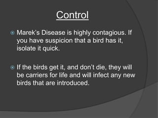 Control
 Marek’s Disease is highly contagious. If
you have suspicion that a bird has it,
isolate it quick.
 If the birds get it, and don’t die, they will
be carriers for life and will infect any new
birds that are introduced.
 