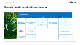 Measuring Marel’s sustainability performance
16
Environmental
20% carbon emissions1
reductions
Increase waste
recycling to 90%
Waste
reduction
Powering >85%
manufacturing facilities
on renewable electricity
2026 target1 2030 target 2 2040 target Our progress made in 2022
Reduce absolute Scope 1
and 2 GHG emissions by
42%
Reduce absolute Scope 3
GHG emissions by 25%
2030 from a 2021 base
year
Net zero commitment
(across the value chain)
Reduction of 34% vs 2019
baseline
Absolute reduction of 12% vs
2021 baseline
Full carbon emission Scope 3
GHG mapping
Validated science-based target
Reach net zero
carbon emissions
Use of renewable
electricity
Recycling of waste at 71%
Powering 81% of manufacturing
facilities on renewable electricity
(2021: 61%)
Focused on
Notes: 1 Sustainability program 2022-2026. Includes Scope 1, Scope 2 and business air travel from Scope 3 emission intensity from a 2019 base year. 2 Validated science-based target, from a 2021 base year.
2022 ESG Report
Environmental responsibility
 