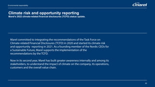 Climate risk and opportunity reporting
Marel‘s 2022 climate-related financial disclosures (TCFD) status update.
20
Environmental responsibility
 