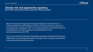 Climate risk and opportunity reporting
Marel‘s 2022 climate-related financial disclosures (TCFD) status update.
20
Environ...