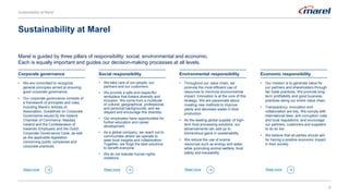 6
Marel is guided by three pillars of responsibility: social, environmental and economic.
Each is equally important and gu...