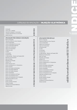 CATÁLOGO DE APLICAÇÃO | INJEÇÃO ELETRÔNICA


Introdução                                02
Como usar o catálogo                      03
Garantia/ Instalação e manutenção         04
Limpeza/ Atendimento ao consumidor        05
Dados técnicos                            06


APLICAÇÃO POR CÓDIGO E DESCRIÇÃO               APLICAÇÃO POR VEÍCULO
Bobina de Ignição                         21   Bobina de Ignição                         87
Cápsula da Marcha Lenta e Suporte         07   Cápsula da Marcha Lenta e Suporte         73
Corpo de Borboleta                        61   Corpo de Borboleta                        124
Corpo de Borboleta Drive by wire          65   Galeria de Combustível                    132
Corpo de Borboleta SNAP-IN                64   Injetor de Combustível                    84
Galeria de Combustível                    70   Kit Bomba (refil)                         120
Injetor de Combustível                    18   Kit Filtro                                111
Kit Bomba (refil)                         54   Kit Flutuador                             114
Kit Filtro                                45   Kit Guarnição                             117
Kit Flutuador                             48   Kit Manutenção - Redutor de Pressão GNV   132
Kit Guarnição                             51   Módulos de Combustível                    105
Kit Manutenção - Redutor de Pressão GNV   70   Motor de Passo                            73
Módulos de Combustível                    39   Regulador de Pressão                      77
Motor de Passo                            07   Resistor PTC                              83
Regulador de Pressão                      11   Sensor de Fluxo de Ar                     95
Resistor PTC                              17   Sensor de Massa de Ar e Temperatura       96
Sensor de Fluxo de Ar                     29   Sensor de Nível                           108
Sensor de Massa de Ar e Temperatura       32   Sensor de Posição de Borboleta            91
Sensor de Nível                           42   Sensor de Pressão Absoluta                94
Sensor de Posição de Borboleta            24   Sensor de Rotação                         100
Sensor de Posição SNAP-IN                 27   Sensor de Temperatura de Água             99
Sensor de Pressão Absoluta                28   Sensor de Temperatura do Ar               97
Sensor de Rotação                         29   Sensor de Temperatura do Ar Integrado     96
Sensor de Temperatura de Água             31   Solenóide de Marcha Lenta                 73
Sensor de Temperatura do Ar               32   Sonda Lambda                              101
Sensor de Temperatura do Ar Integrado     34   Sonda Lambda Universal                    104
Solenóide de Marcha Lenta                 07   Tampa Completa                            128
Sonda Lambda                              35   Unidade de Comando Eletrônico             129
Sonda Lambda Universal                    39   Válvula Canister                          83
Tampa Completa                            65
Unidade de Comando Eletrônico             67
Válvula Canister                          17
 