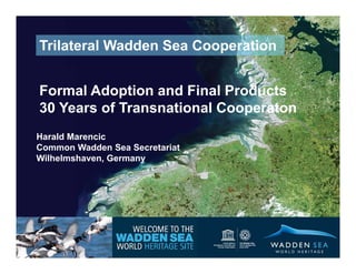 Trilateral Wadden Sea Cooperation


Formal Adoption and Final Products
30 Years of Transnational Cooperaton
Harald Marencic
Common Wadden Sea Secretariat
Wilhelmshaven, Germany




                                       1
 