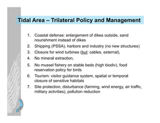 Tidal Area – Trilateral Policy and Management

   1. Coastal defense: enlargement of dikes outside, sand
      nourishment...