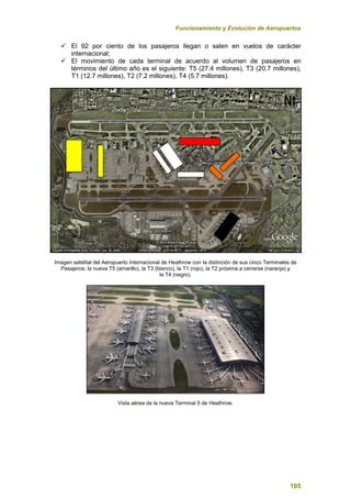Funcionamiento y Evolución de Aeropuertos
105
 El 92 por ciento de los pasajeros llegan o salen en vuelos de carácter
internacional;
 El movimiento de cada terminal de acuerdo al volumen de pasajeros en
términos del último año es el siguiente: T5 (27.4 millones), T3 (20.7 millones),
T1 (12.7 millones), T2 (7.2 millones), T4 (5.7 millones).
Imagen satelital del Aeropuerto Internacional de Heathrow con la distinción de sus cinco Terminales de
Pasajeros: la nueva T5 (amarillo), la T3 (blanco), la T1 (rojo), la T2 próxima a cerrarse (naranja) y
la T4 (negro).
Vista aérea de la nueva Terminal 5 de Heathrow.
 
