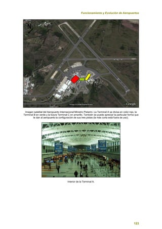 Funcionamiento y Evolución de Aeropuertos
123
Imagen satelital del Aeropuerto Internacional Ministro Pistarini. La Terminal A se divisa en color rojo, la
Terminal B en verde y la futura Terminal C en amarillo. También se puede apreciar la particular forma que
le dan al aeropuerto la configuración de sus tres pistas (la más corta está fuera de uso).
Interior de la Terminal A.
 