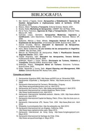 Funcionamiento y Evolución de Aeropuertos
130
B
BI
IB
BL
LI
IO
OG
GR
RA
AF
FI
IA
A
1. Bel, Germá y Fageda, Xavier. Aeropuertos y Globalización: Opciones de
Gestión Aeroportuaria e implicaciones sobre el territorio. IERMB.
Barcelona, 2006.
2. Blasco, Albert. Turismo y Transporte. Editorial Síntesis. Madrid, 2001.
3. Boada, Nadia. Marketing de Aeropuertos. UNMDP. Mar del Plata, 2005.
4. De la Torre, Francisco. Agencias de Viaje y Transportación. Editorial Trillas.
México DF, 1992.
5. Galíndez López, Demetrio. Aeropuertos Modernos; Ingeniería y
Certificación. Libro Electrónico, Instituto Politécnico Nacional. México DF,
2006.
6. Gallacher, Marcos y Sesé, Alfredo. Integración Vertical: El caso de la
Explotación de Aeropuertos. Universidad del CEMA. Buenos Aires, 2001.
7. García Cruzado, Marcos. Descubrir la Operación de Aeropuertos.
Publicaciones AENA. Madrid, 2008.
8. Ianni, María Guillermina. El uso turístico de los aeropuertos en Argentina.
UNMDP. Mar del Plata, 2002.
9. Manual de Planificación de Aeropuertos. Parte I: Planificación General,
Segunda Edición. OACI, 1987.
10. Tejada Anguiano, Iván. Descubrir los Aeropuertos, Tercera Edición.
Publicaciones AENA. Madrid, 2008.
11. Wallingre, Noemí y Toyos, Mónica. Diccionario de Turismo, Hotelería y
Transporte. Editorial Gráfica. Buenos Aires, 1998.
12. Wallingre, Noemí. Transporte Aéreo en Turismo. Ediciones Turísticas.
Buenos Aires, 2003.
13. Wells, Alexander y Young, Seth. Airport Planning and Management, Fifth
Edition. Editorial McGraw-Hill. Nueva York, 2004.
Consultas en Internet
1. Aeropuertos Argentina 2000. http://www.aa2000.com.ar. Diciembre 2009.
2. Aeropuertos Españoles y Navegación Aérea. http://www.aena.es. Diciembre
2009.
3. Aeropuerto Internacional de Carrasco, Montevideo, Uruguay.
http://www.aeropuertodecarrasco.com.uy. Abril 2010.
4. Aeropuertos de Francia y París. http://www.aeroportsdeparis.fr. Abril 2010.
5. Aeropuerto Internacional de Londres-Heathrow, Reino Unido.
http://www.heathrowairport.com. Abril 2010.
6. Aeropuerto Internacional Hartsfield-Jackson, Atlanta, USA. http://www.atlanta-
airport.com. Abril 2010.
7. Aeropuerto Internacional Capital de Beijing, Pekín, China. http://en.bcia.com.cn.
Abril 2010.
8. Aeropuerto Internacional JFK, Nueva York, USA. http://www.jfkiat.com. Abril
2010.
9. Wikipedia, la enciclopedia libre. http://es.wikipedia.org. Abril 2010.
10. Aeropuerto Internacional de Los Angeles, California, USA.
http://www.lawa.org/welcomelax.aspx. Mayo 2010.
11. Aeropuerto Internacional de Hong Kong. http://www.hongkongairport.com.
Mayo 2010.
12. Aeropuerto Internacional de Santiago de Chile, Chile.
http://www.aeropuertosantiago.cl. Mayo 2010.
 