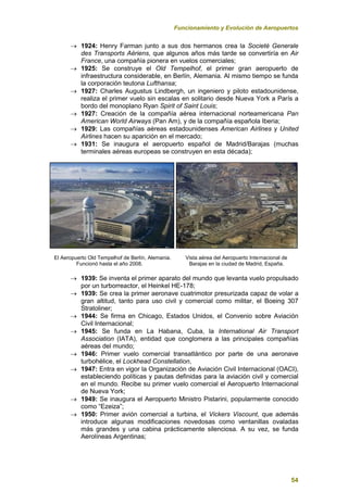 Funcionamiento y Evolución de Aeropuertos
54
 1924: Henry Farman junto a sus dos hermanos crea la Societé Generale
des Transports Aériens, que algunos años más tarde se convertiría en Air
France, una compañía pionera en vuelos comerciales;
 1925: Se construye el Old Tempelhof, el primer gran aeropuerto de
infraestructura considerable, en Berlín, Alemania. Al mismo tiempo se funda
la corporación teutona Lufthansa;
 1927: Charles Augustus Lindbergh, un ingeniero y piloto estadounidense,
realiza el primer vuelo sin escalas en solitario desde Nueva York a París a
bordo del monoplano Ryan Spirit of Saint Louis;
 1927: Creación de la compañía aérea internacional norteamericana Pan
American World Airways (Pan Am), y de la compañía española Iberia;
 1929: Las compañías aéreas estadounidenses American Airlines y United
Airlines hacen su aparición en el mercado;
 1931: Se inaugura el aeropuerto español de Madrid/Barajas (muchas
terminales aéreas europeas se construyen en esta década);
El Aeropuerto Old Tempelhof de Berlín, Alemania. Vista aérea del Aeropuerto Internacional de
Funcionó hasta el año 2008. Barajas en la ciudad de Madrid, España.
 1939: Se inventa el primer aparato del mundo que levanta vuelo propulsado
por un turborreactor, el Heinkel HE-178;
 1939: Se crea la primer aeronave cuatrimotor presurizada capaz de volar a
gran altitud, tanto para uso civil y comercial como militar, el Boeing 307
Stratoliner;
 1944: Se firma en Chicago, Estados Unidos, el Convenio sobre Aviación
Civil Internacional;
 1945: Se funda en La Habana, Cuba, la International Air Transport
Association (IATA), entidad que conglomera a las principales compañías
aéreas del mundo;
 1946: Primer vuelo comercial transatlántico por parte de una aeronave
turbohélice, el Lockhead Constellation,
 1947: Entra en vigor la Organización de Aviación Civil Internacional (OACI),
estableciendo políticas y pautas definidas para la aviación civil y comercial
en el mundo. Recibe su primer vuelo comercial el Aeropuerto Internacional
de Nueva York;
 1949: Se inaugura el Aeropuerto Ministro Pistarini, popularmente conocido
como “Ezeiza”;
 1950: Primer avión comercial a turbina, el Vickers Viscount, que además
introduce algunas modificaciones novedosas como ventanillas ovaladas
más grandes y una cabina prácticamente silenciosa. A su vez, se funda
Aerolíneas Argentinas;
 