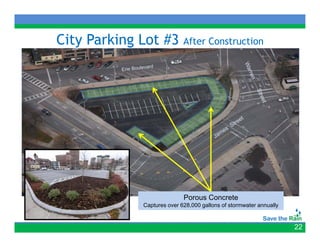 City Parking Lot #3
   y       g                After Construction




                            Porous Concrete
             Captures over 628,000 gallons of stormwater annually


                                                                    22
 