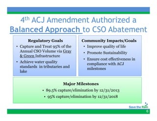 4th ACJ Amendment Authorized a
Balanced Approach to CSO Abatement
       Regulatory Goals            Community Impacts/Goals
 • Capture and Treat 95% of the     • Improve quality of life
   Annual CSO Volume via Gray y     • Promote Sustainability
   & Green Infrastructure
                                    • Ensure cost effectiveness in
 • Achieve water quality
                                      compliance with ACJ
   standards in tributaries and
                                      milestones
   lake


                           Major Milestones
               • 89.5% capture/elimination by 12/31/2013
                • 95% capture/elimination by 12/31/2018
                        p    /             y / /


                                                                     6
 