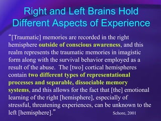Right and Left Brains Hold
Different Aspects of Experience
“[Traumatic] memories are recorded in the right
hemisphere outs...