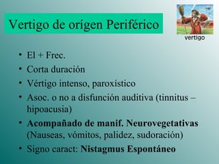 Vertigo de orígen Periférico El + Frec. Corta duración Vértigo intenso, paroxístico Asoc. o no a disfunción auditiva (tinnitus – hipoacusia) Acompañado de manif. Neurovegetativas  (Nauseas, vómitos, palidez, sudoración) Signo caract:  Nistagmus Espontáneo 