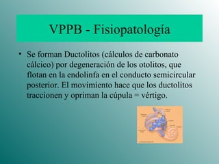 VPPB - Fisiopatología Se forman Ductolitos (cálculos de carbonato cálcico) por degeneración de los otolitos, que flotan en la endolinfa en el conducto semicircular posterior. El movimiento hace que los ductolitos traccionen y opriman la cúpula = vértigo.  