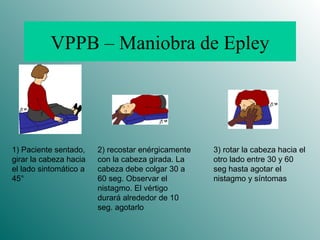 VPPB – Maniobra de Epley 1) Paciente sentado, girar la cabeza hacia el lado sintomático a 45 ° 2) recostar enérgicamente con la cabeza girada. La cabeza debe colgar 30 a 60 seg. Observar el nistagmo. El vértigo durará alrededor de 10 seg. agotarlo 3) rotar la cabeza hacia el otro lado entre 30 y 60 seg hasta agotar el nistagmo y síntomas 