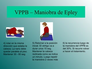 VPPB – Maniobra de Epley 4) rotar en la misma dirección que estaba la cabeza. La nariz debe quedar paralela al piso. Mantener 30 - 60 seg 5) Retornar a la posición inicial. El vértigo va a durar unos 15 seg. Mantener la cabeza reclinada como se indica un minuto. Luego repetir la maniobra 2 veces más 6) la recurrencia luego de la maniobra del VPPB es del 30%. Si recurre volver a hacer el tratamiento. 