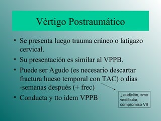 Vértigo Postraumático Se presenta luego trauma cráneo o latigazo cervical. Su presentación es similar al VPPB. Puede ser Agudo (es necesario descartar fractura hueso temporal con TAC) o días -semanas después (+ frec) Conducta y tto idem VPPB ↓   audición, sme vestibular, compromiso VII 