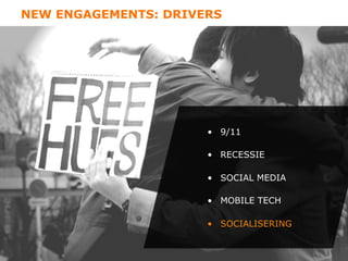 NEW ENGAGEMENTS: DRIVERS




                      •  9/11

                      •  RECESSIE

                      •  SOCIAL MEDIA

                      •  MOBILE TECH

                      •  SOCIALISERING
 