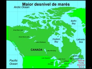 Maior desnível de marés Baía de Fundy Desnível: 16,3 m 