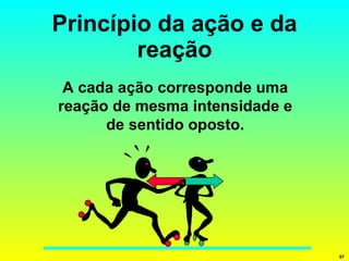 Princípio da ação e da reação A cada ação corresponde uma reação de mesma intensidade e de sentido oposto. 